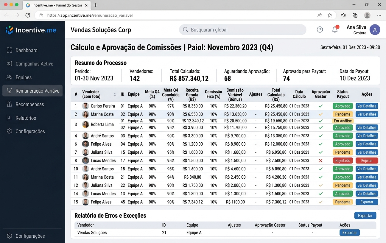 Módulo de Remuneração Variável — cálculo e aprovação de comissões com status de payout por vendedor
