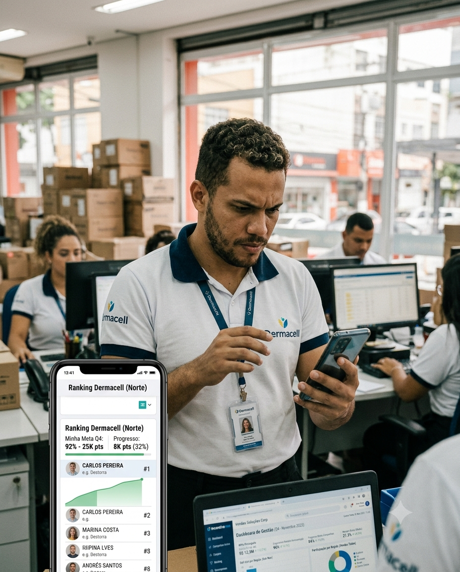 Vendedor consulta ranking da campanha no app enquanto trabalha no centro de distribuição